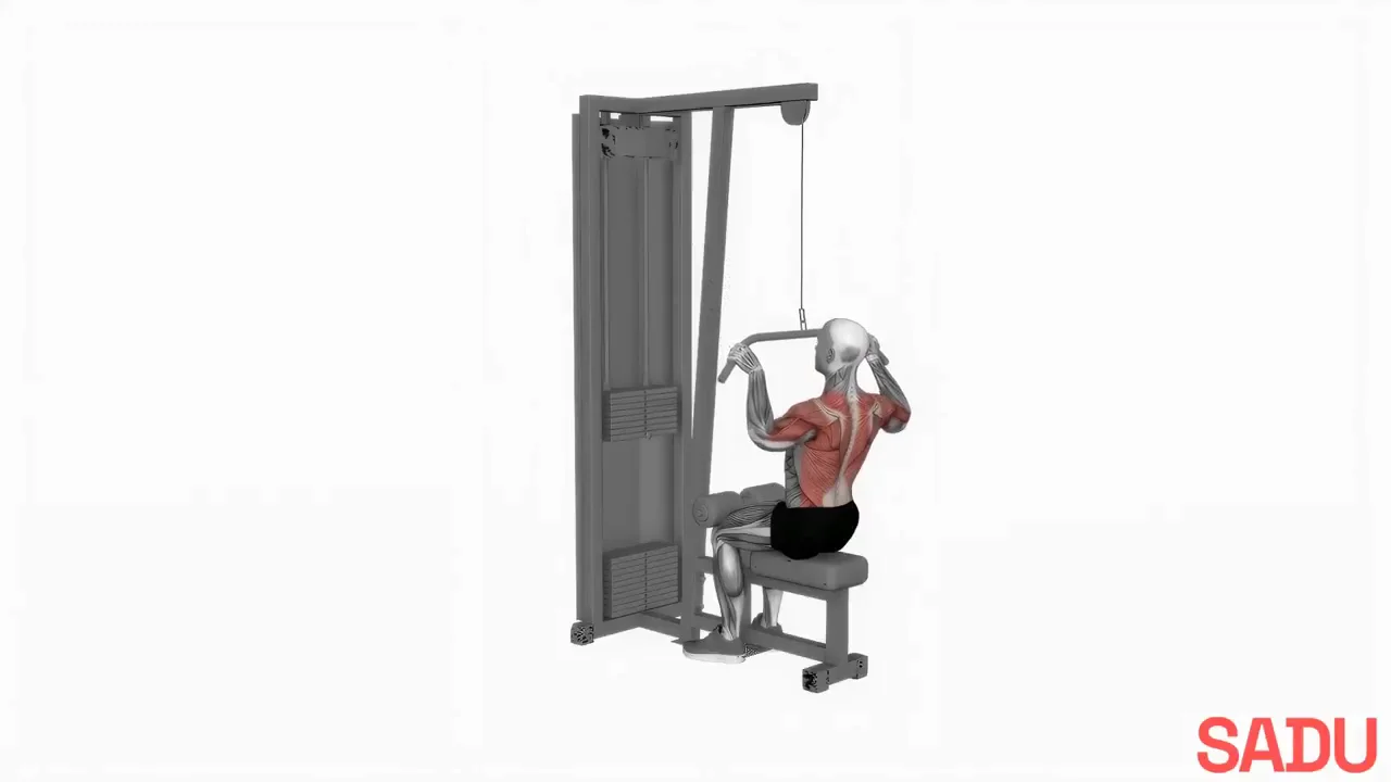 Demonstração em 3D do exercício Puxada alta no cabo